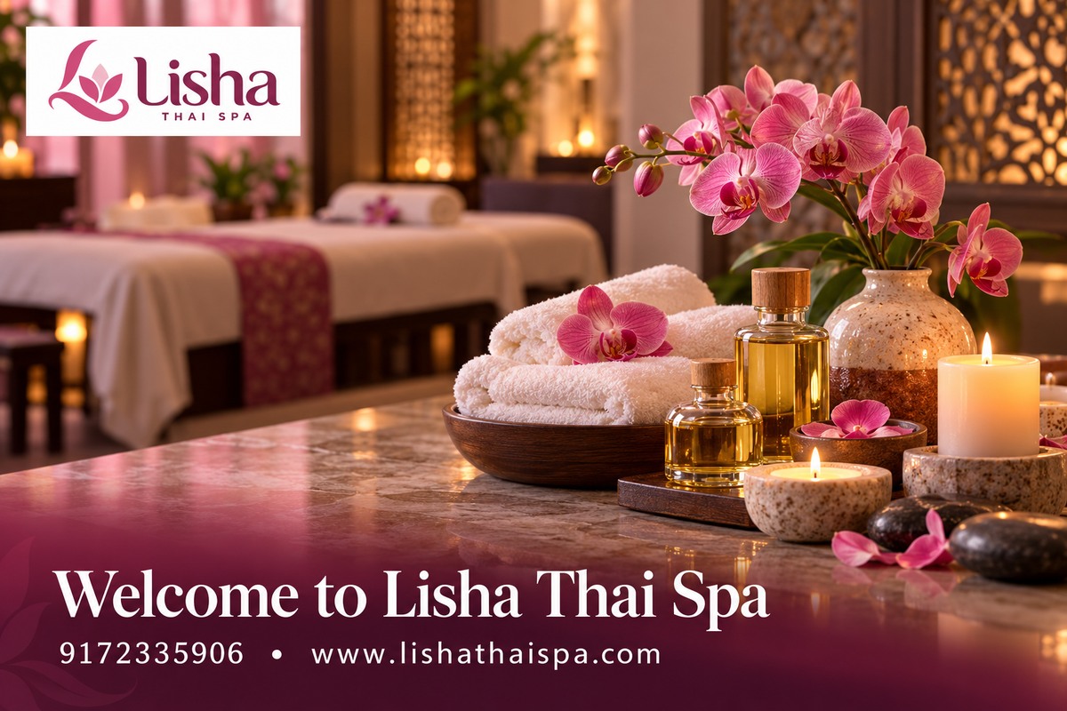 Welcome to Lisha Thai Spa — pink flowers, oils and spa towels